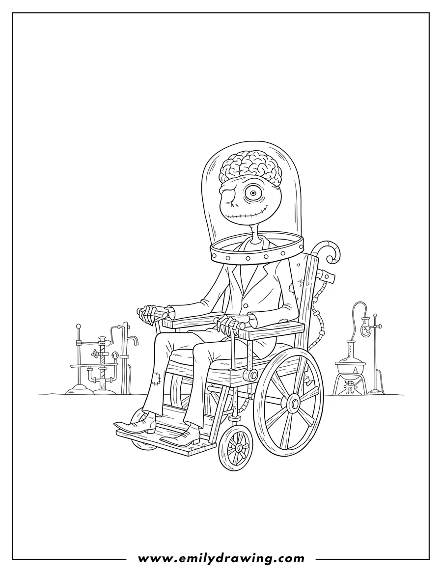 Coloring page for kids: dr. Finkelstein operating his wheelchair