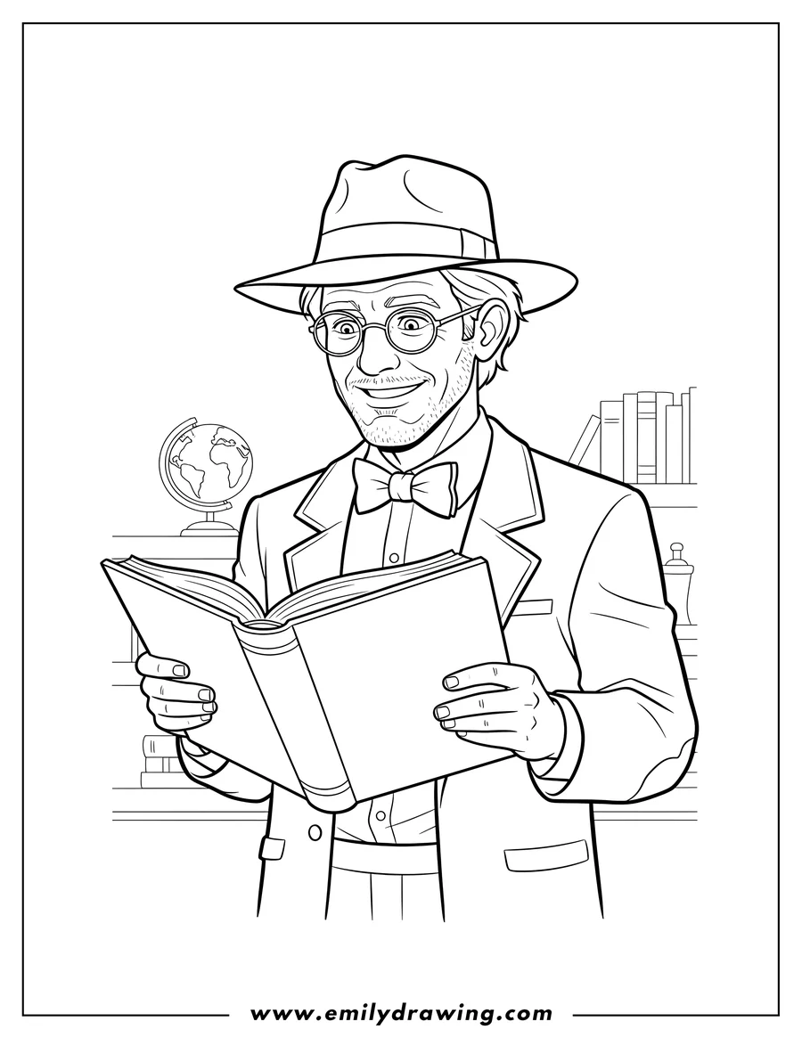 Printable coloring page of dr Henry Walton Indiana Jones wearing glasses, a bow tie, and holding a book