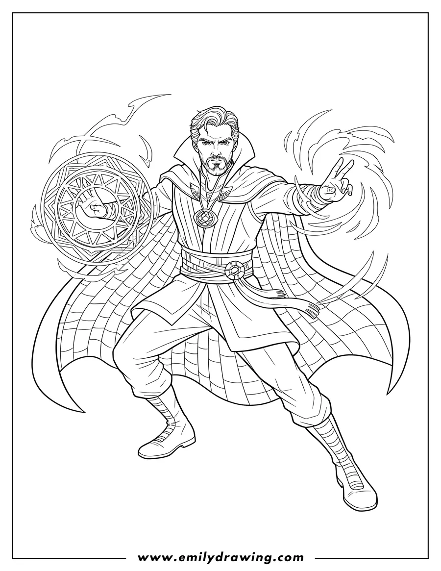 Printable line art of dr. Strange Casting Spell, holding a magical shield and pointing with his right hand