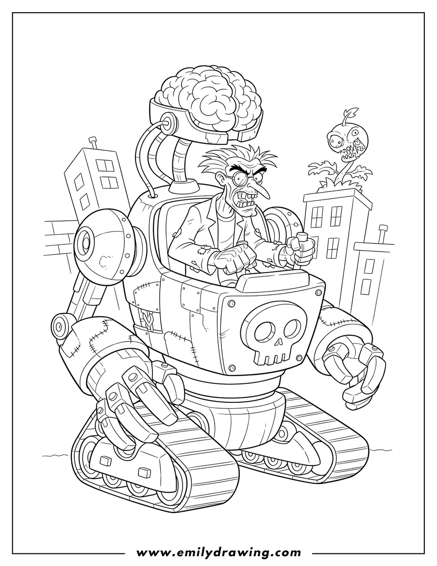 Coloring sheet featuring dr Zomboss From Plants Vs Zombies piloting a giant robot