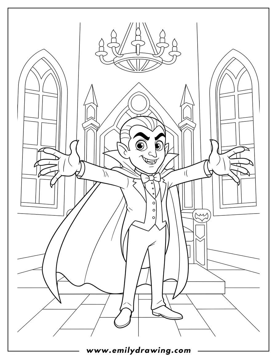 Simple sketch of dracula standing with outstretched clawed hands and a long cape in his Gothic Throne Room to color