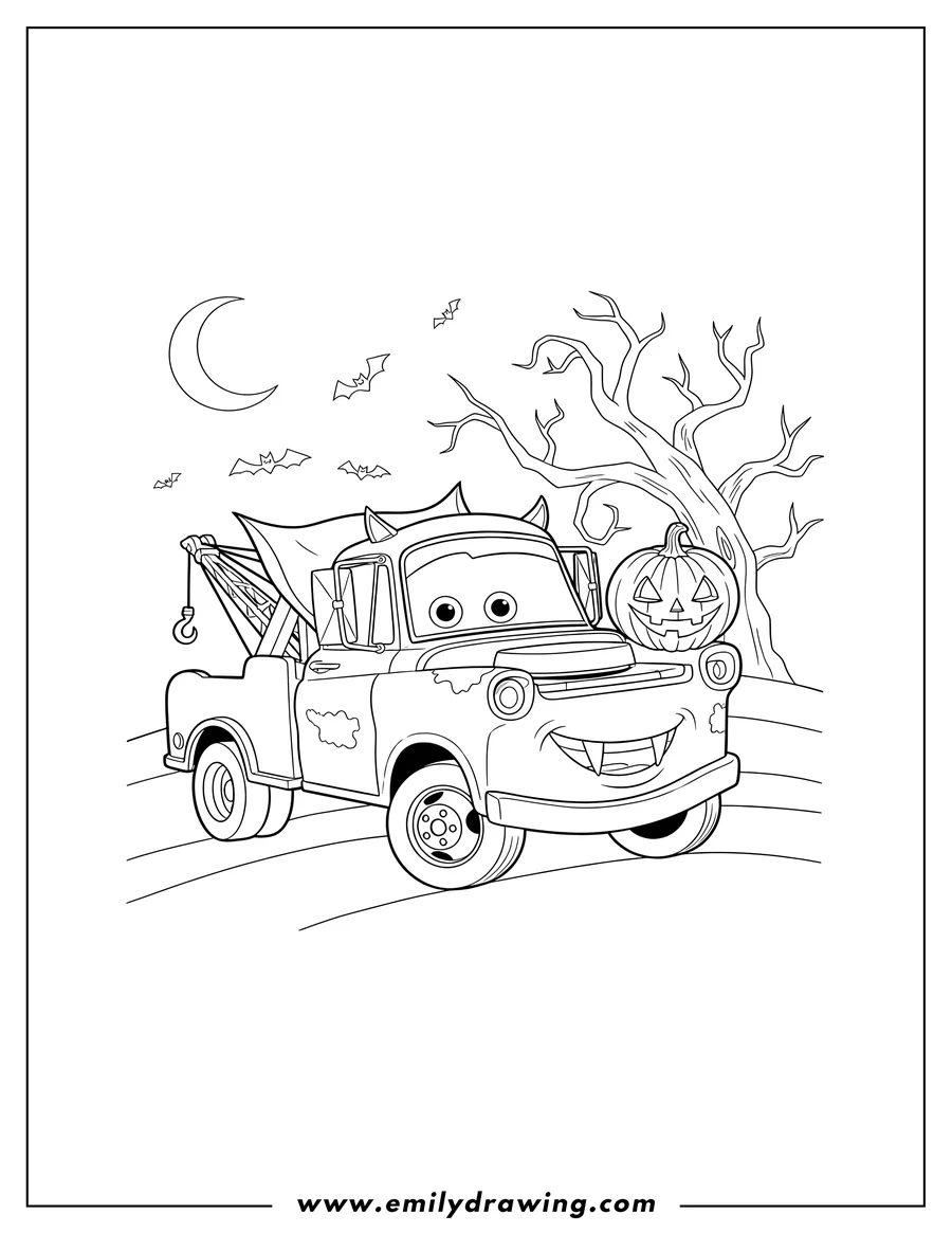 Black and white line art of dracula Mater with vampire fangs holding a jack-o'-lantern for Halloween