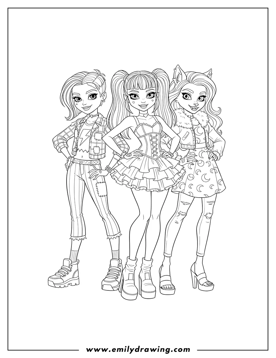 Linear illustration of draculaura Frankie Stein And Clawdeen Wolf standing together and posing in stylish outfits