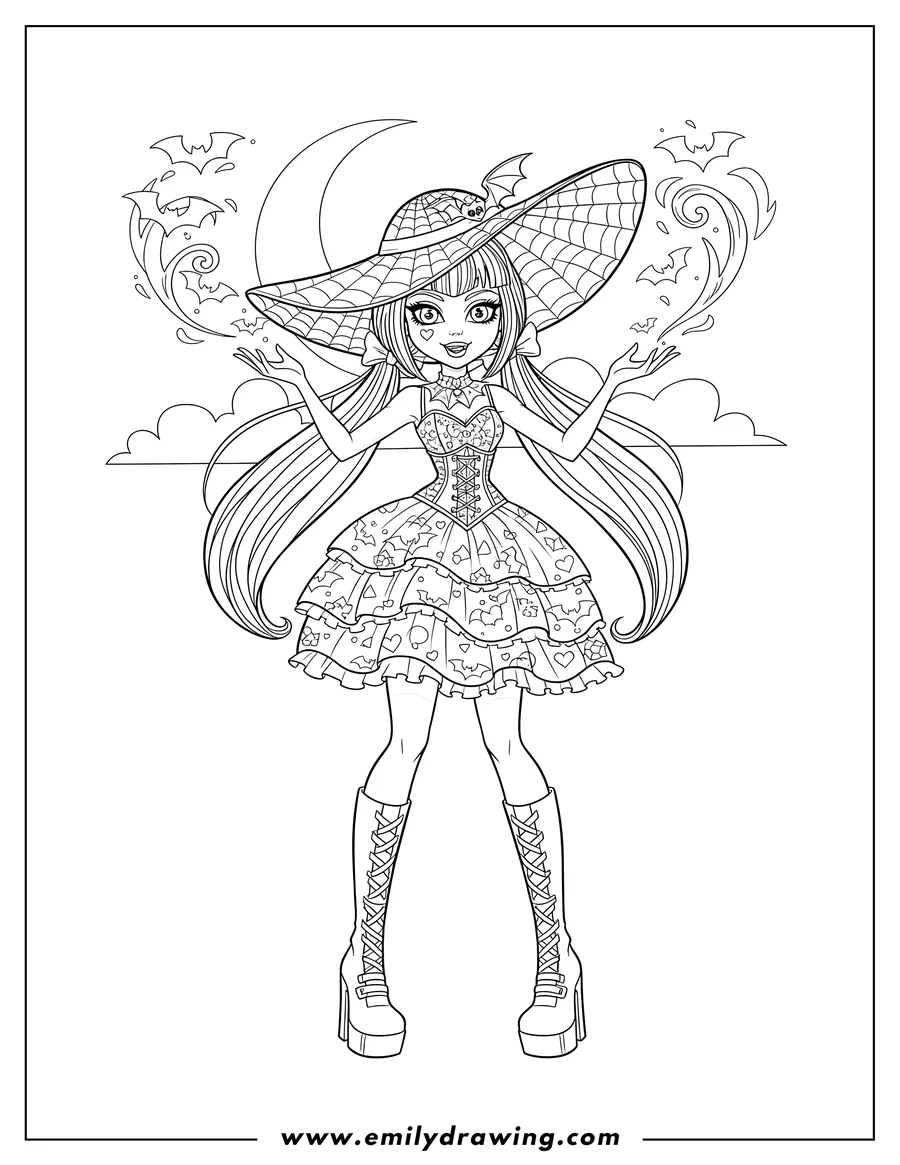 Coloring page of draculaura Using Powers, wearing a spiderweb hat and with hands raised