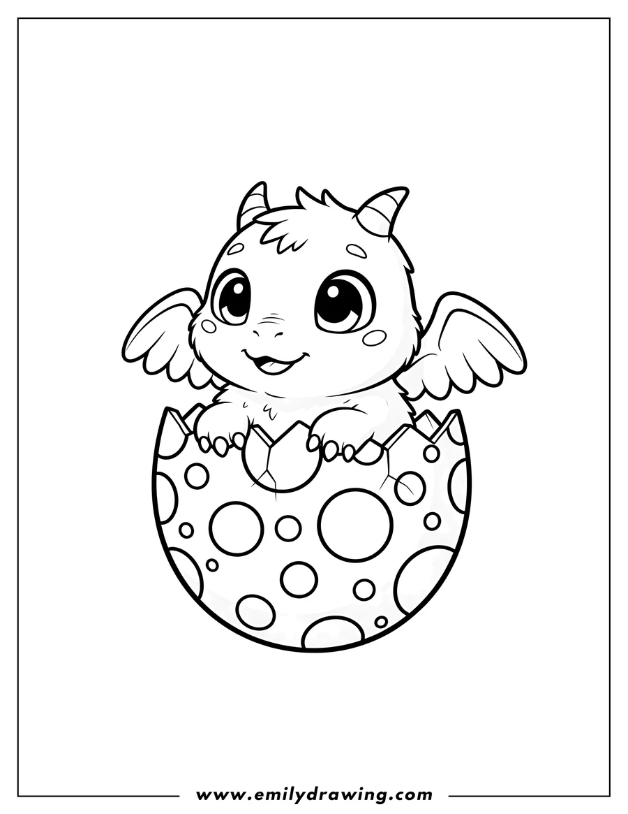 Downloadable coloring page of draggle hatching from a spotted egg, peeking out with big eyes
