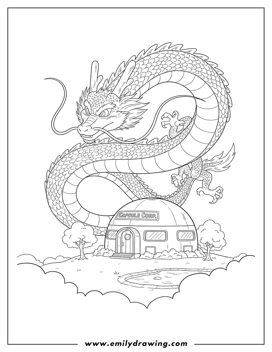Simple sketch of dragon Emerging Outside Goku S Capsule House, coiled and hovering above the building to color