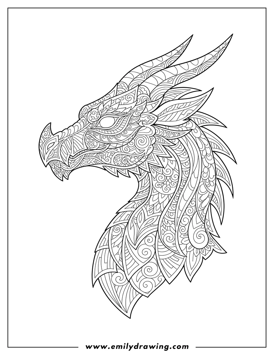 High quality printable dragon Head Zentangle, side view for coloring