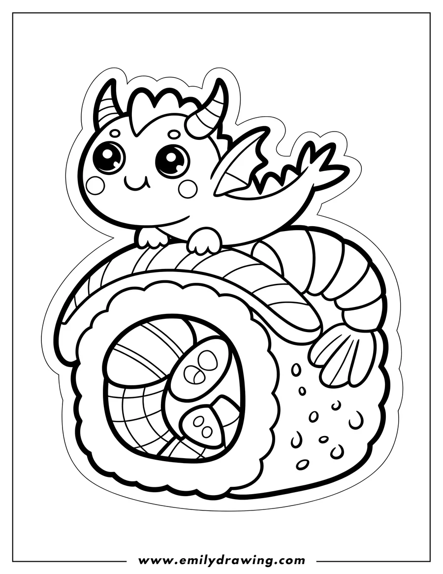 Outline of a cute, cartoon dragon with small horns and wings, sitting on top of a large sushi roll with a shrimp on it.