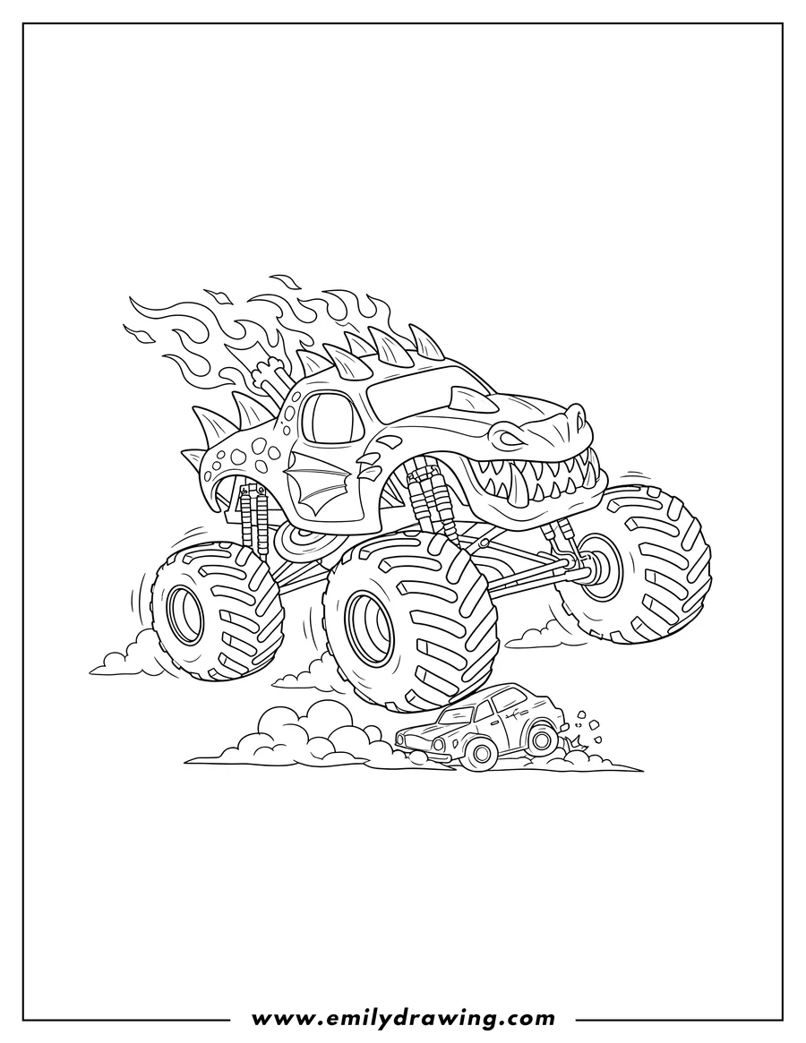 Printable line art of dragon Monster Jam Truck with fire blasting from its top, in an action pose
