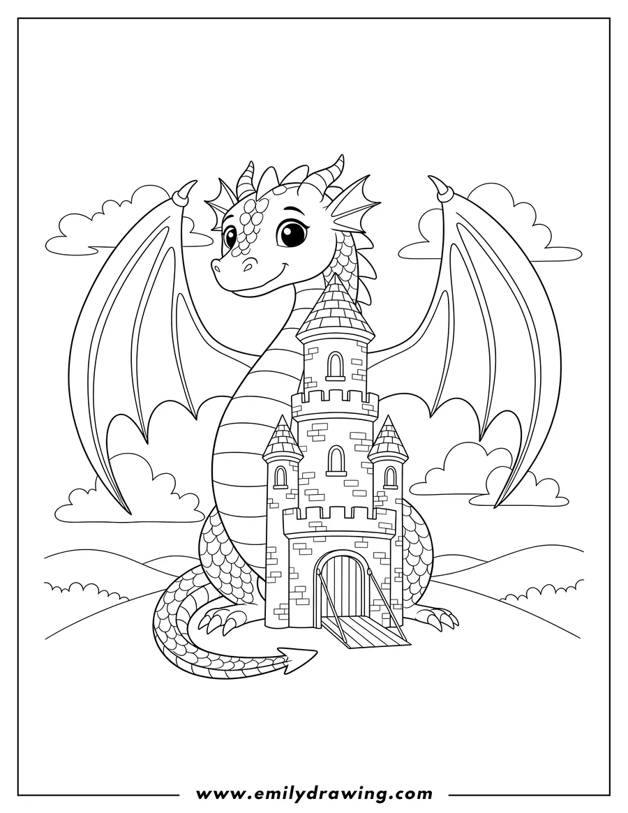 Full page coloring image of dragon with large scales and spread wings wrapped around a tall castle tower