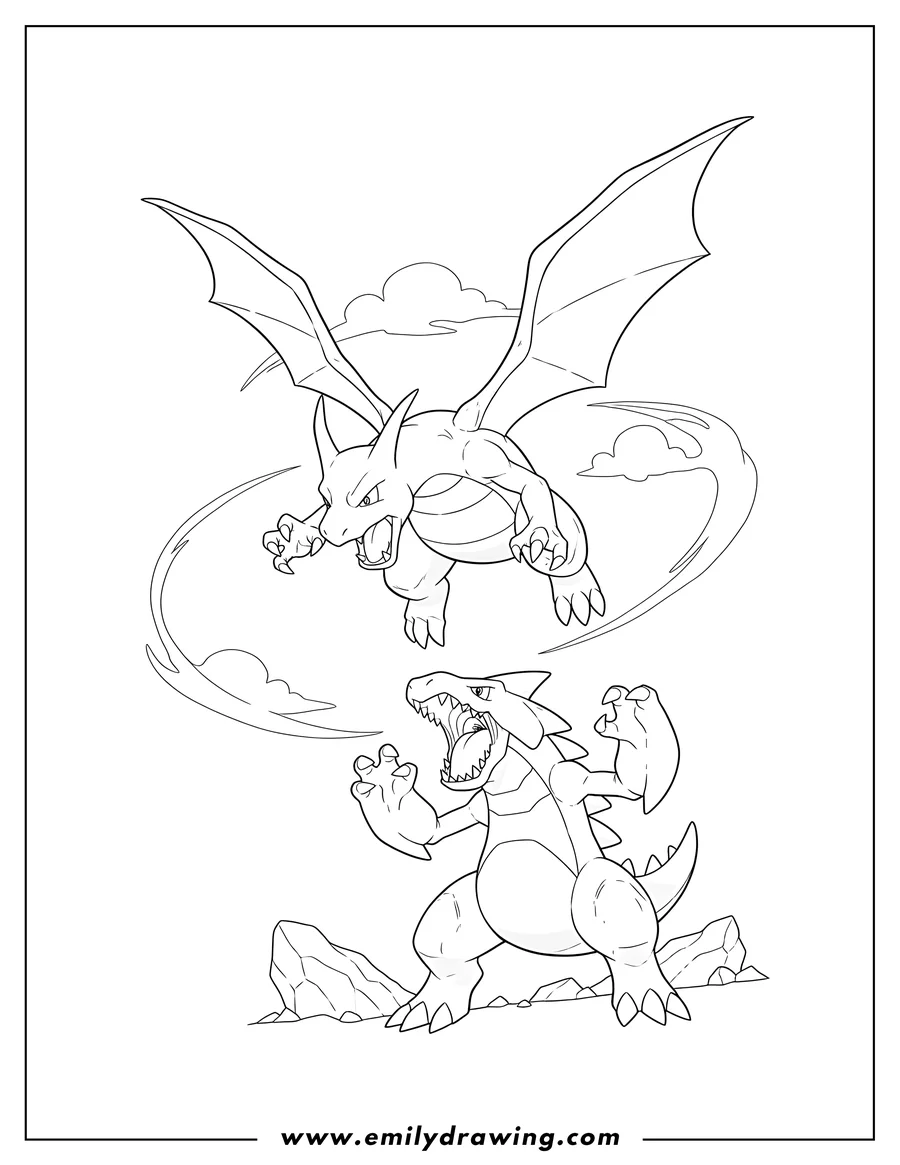 Linear illustration of dragonite Fighting Garchomp, Dragonite diving, Garchomp with open mouth