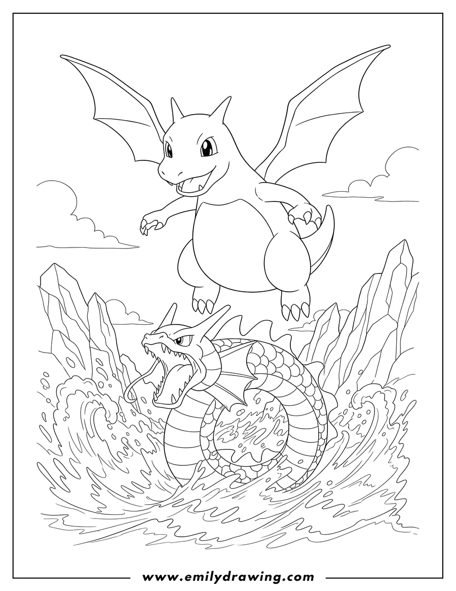 Downloadable coloring page of dragonite flying against a roaring Gyarados in a sea battle