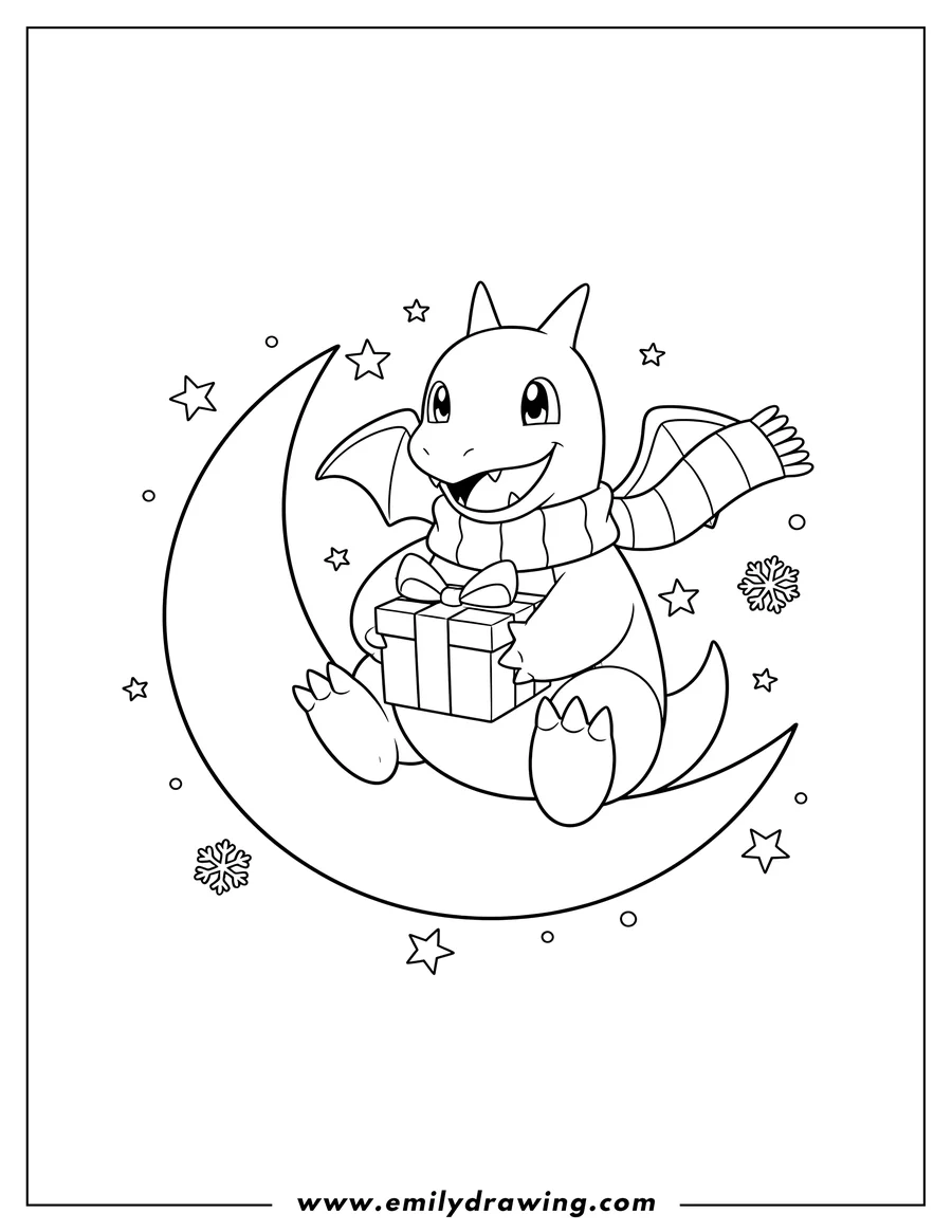 Doodle style coloring picture of happy Pokemon Christmas Dragonite wearing a scarf, sitting on a crescent moon, and holding a present