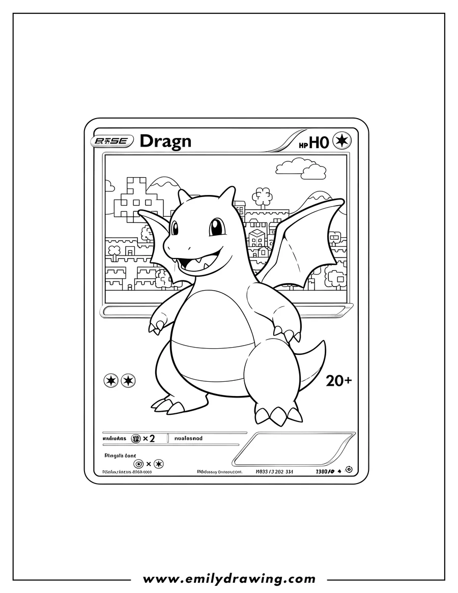 Coloring sheet featuring dragonite Pokemon card coloring page with a pixelated video game background