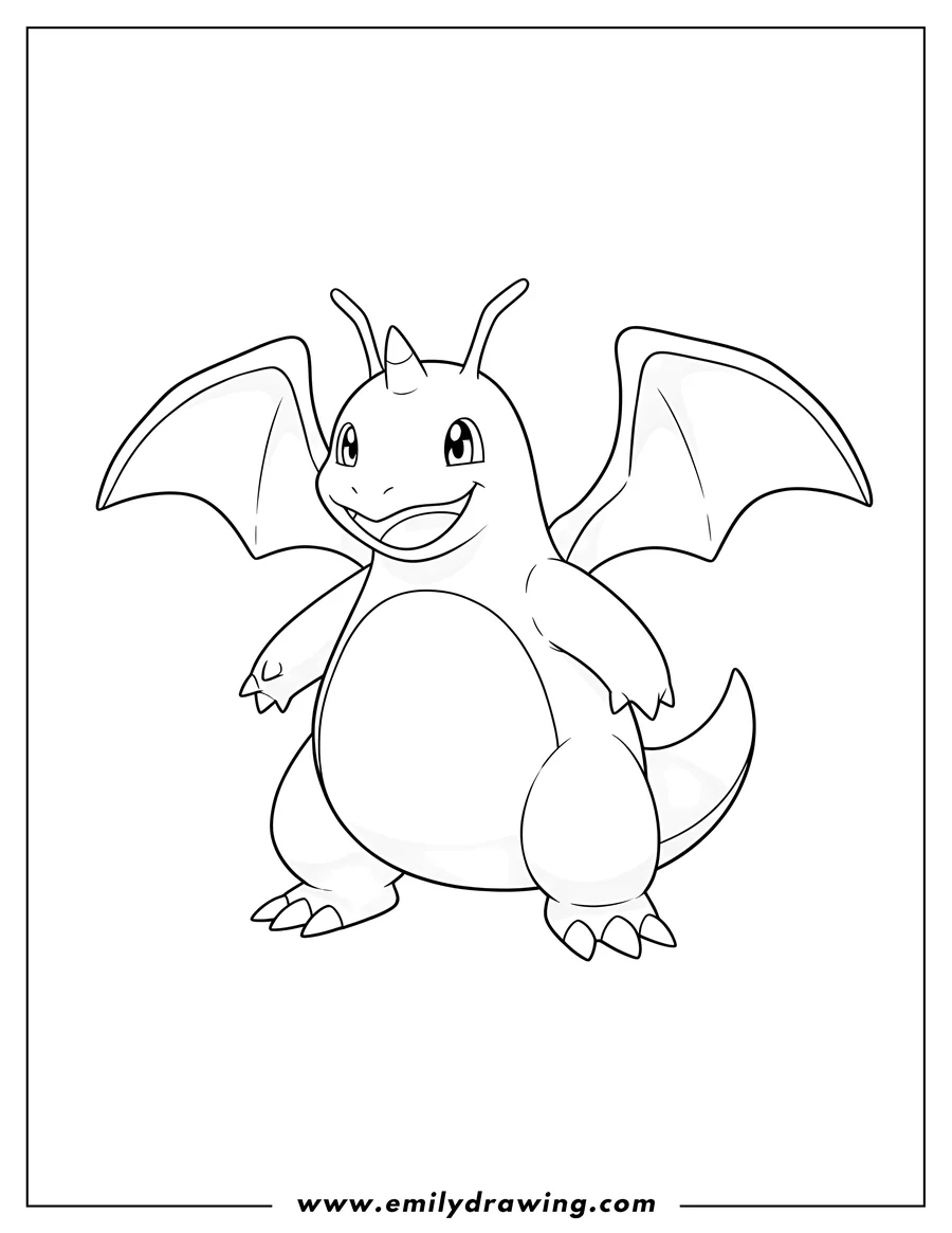Outline drawing of dragonite Pokemon standing with wings, smiling, for coloring