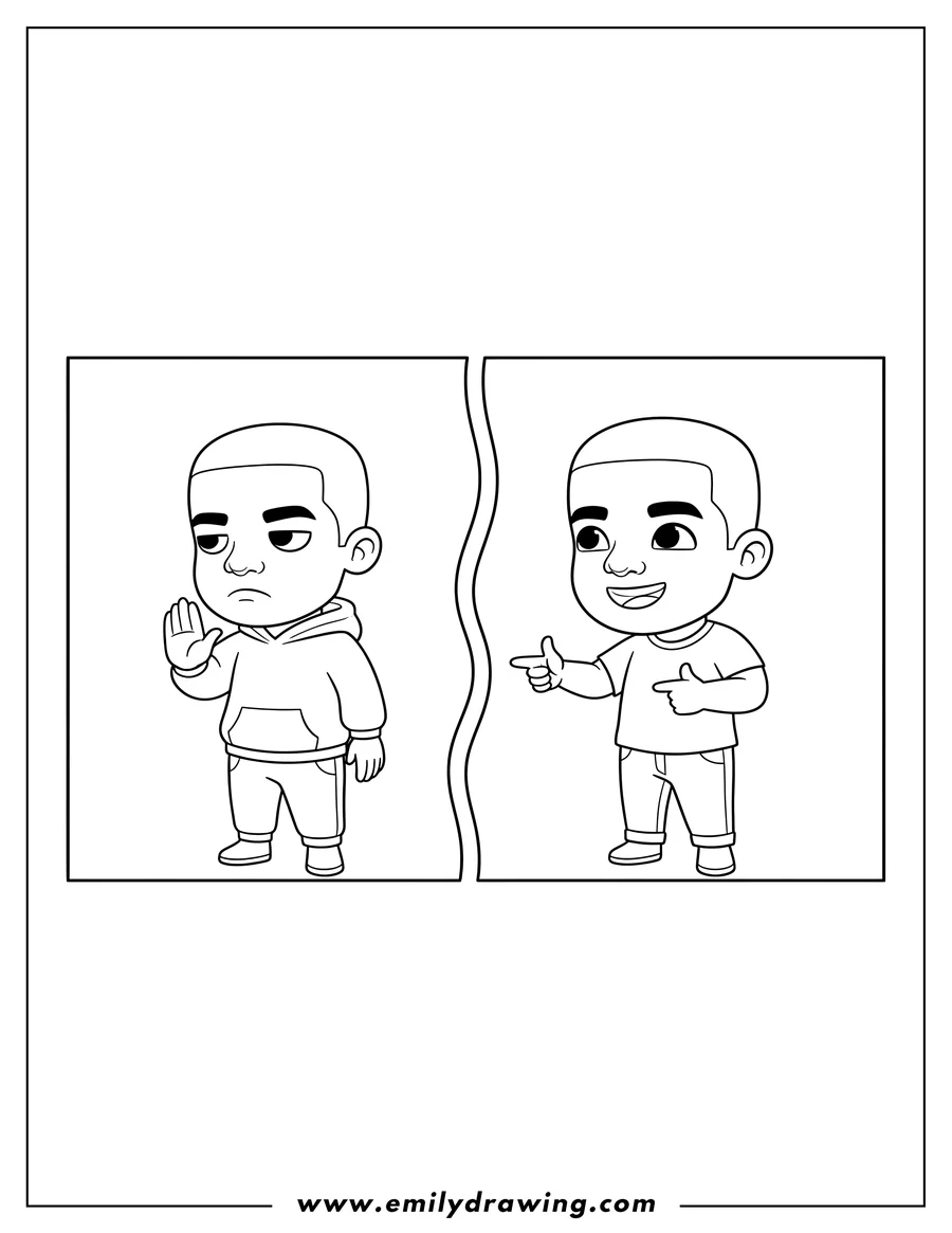 Vector style outline of drake meme coloring page, two panels: Drake showing rejection and Drake showing approval