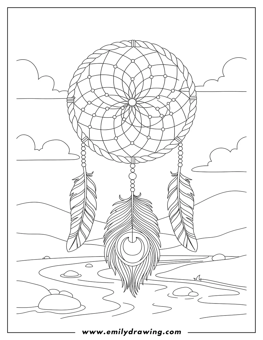 Vector style outline of dreamcatcher with intricate web and beads, featuring a central peacock feather, over a river landscape