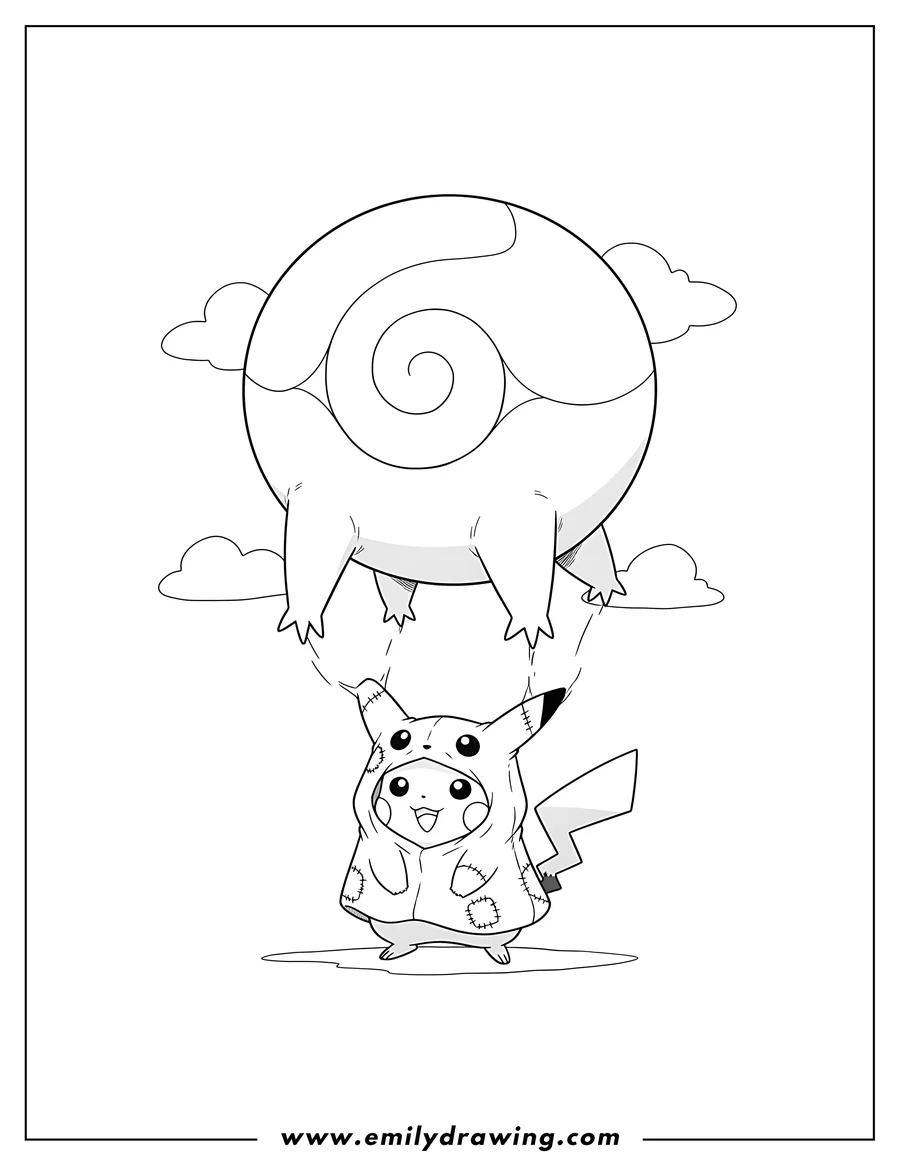 Simple sketch of drifloon hovering above Pikachu Mimikyu Costume, with Drifloon's arms holding its disguise to color