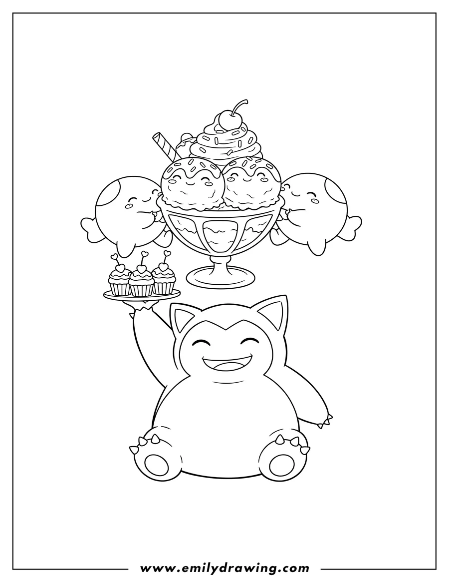 Coloring page of kawaii Drifloons bringing a large ice cream sundae and cupcakes to a happy, sitting Snorlax