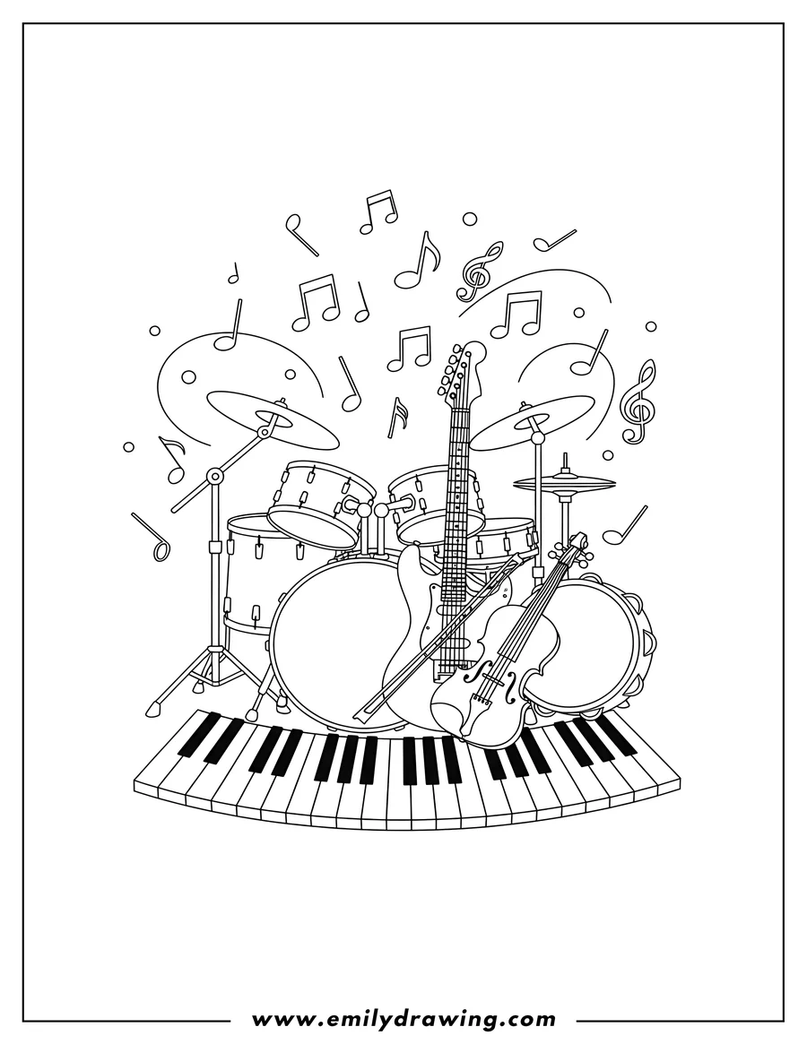 Doodle style coloring picture of drum, Guitar, Violin, Tambourine, and Piano keyboard, grouped with floating musical notes