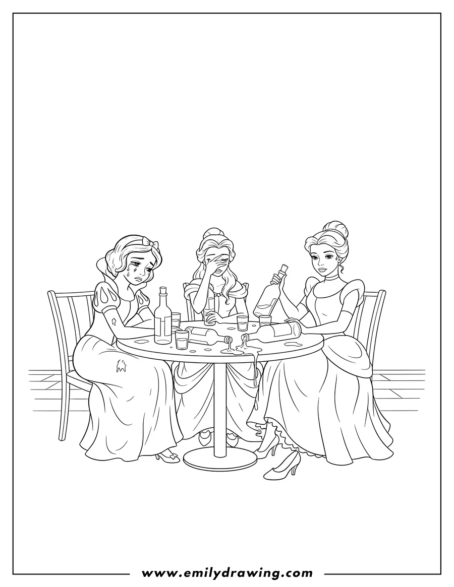 Vector style outline of drunk Snow White Belle And Cinderella Adults sitting sadly at a table with bottles