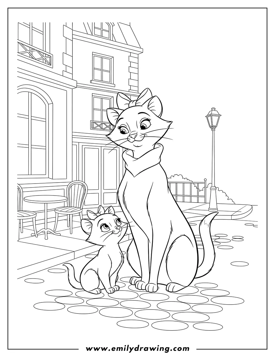 Black and white line art of duchess and Marie sitting on a street in France, with Marie looking up at Duchess