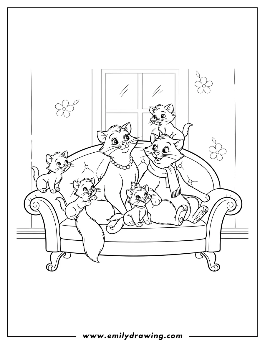Linear illustration of aristocats Movies: Duchess, Thomas O'Malley, and their three kittens sitting together on a couch