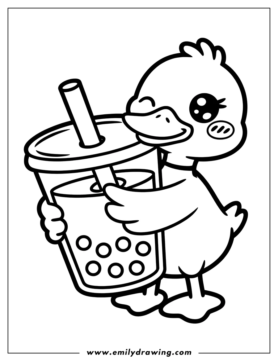 Line art of a cartoon duck holding a boba tea with a straw and tapioca pearls.
