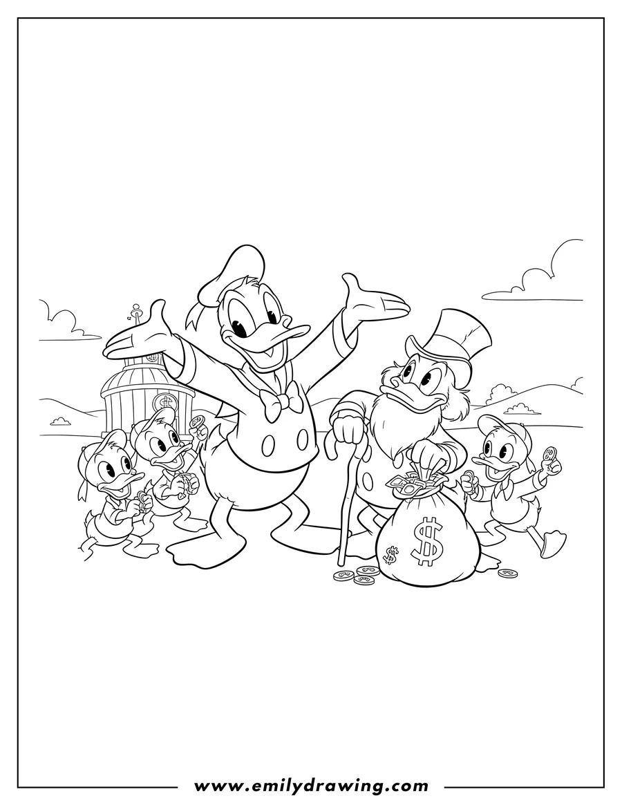 Doodle style coloring picture of duck Tales Disney: Donald Duck, Scrooge McDuck, and the nephews together