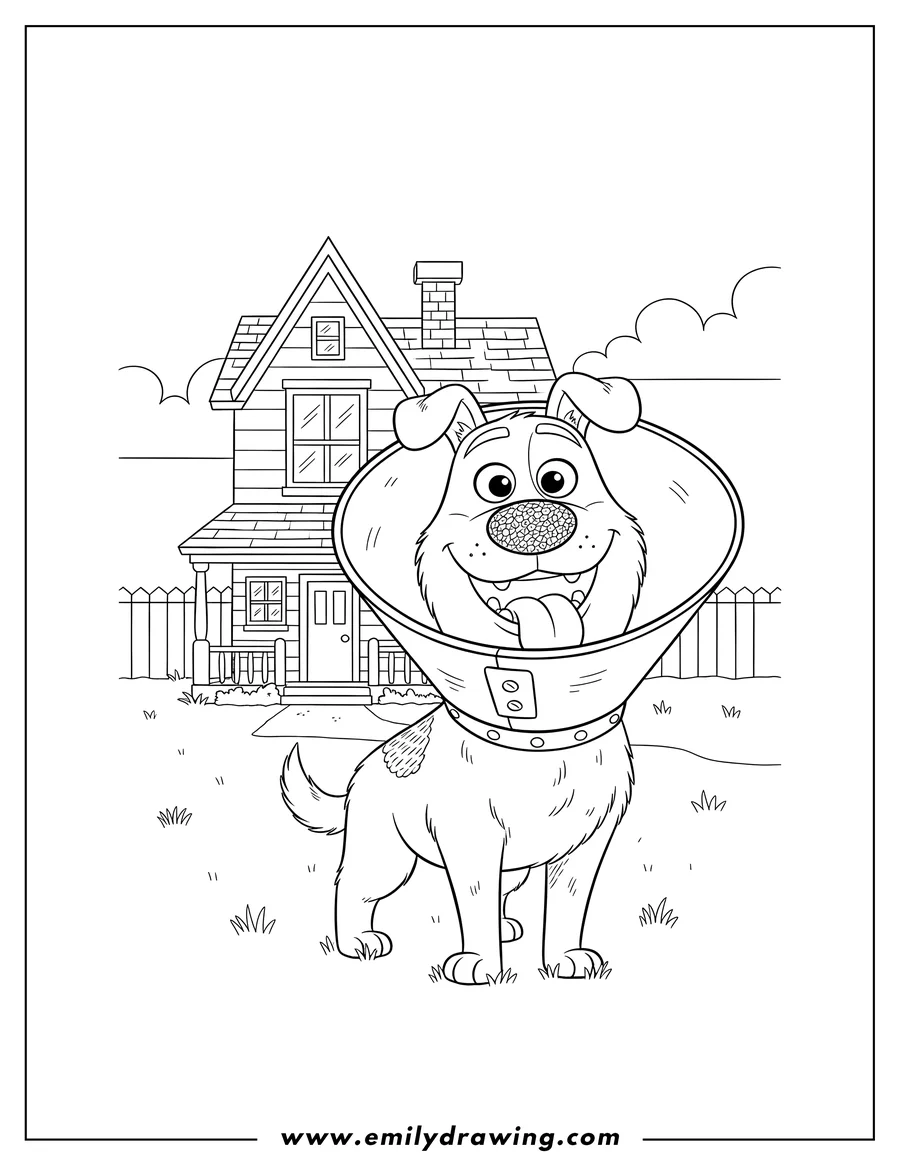 Linear illustration of dug wearing a cone, smiling with his tongue out, outside a house