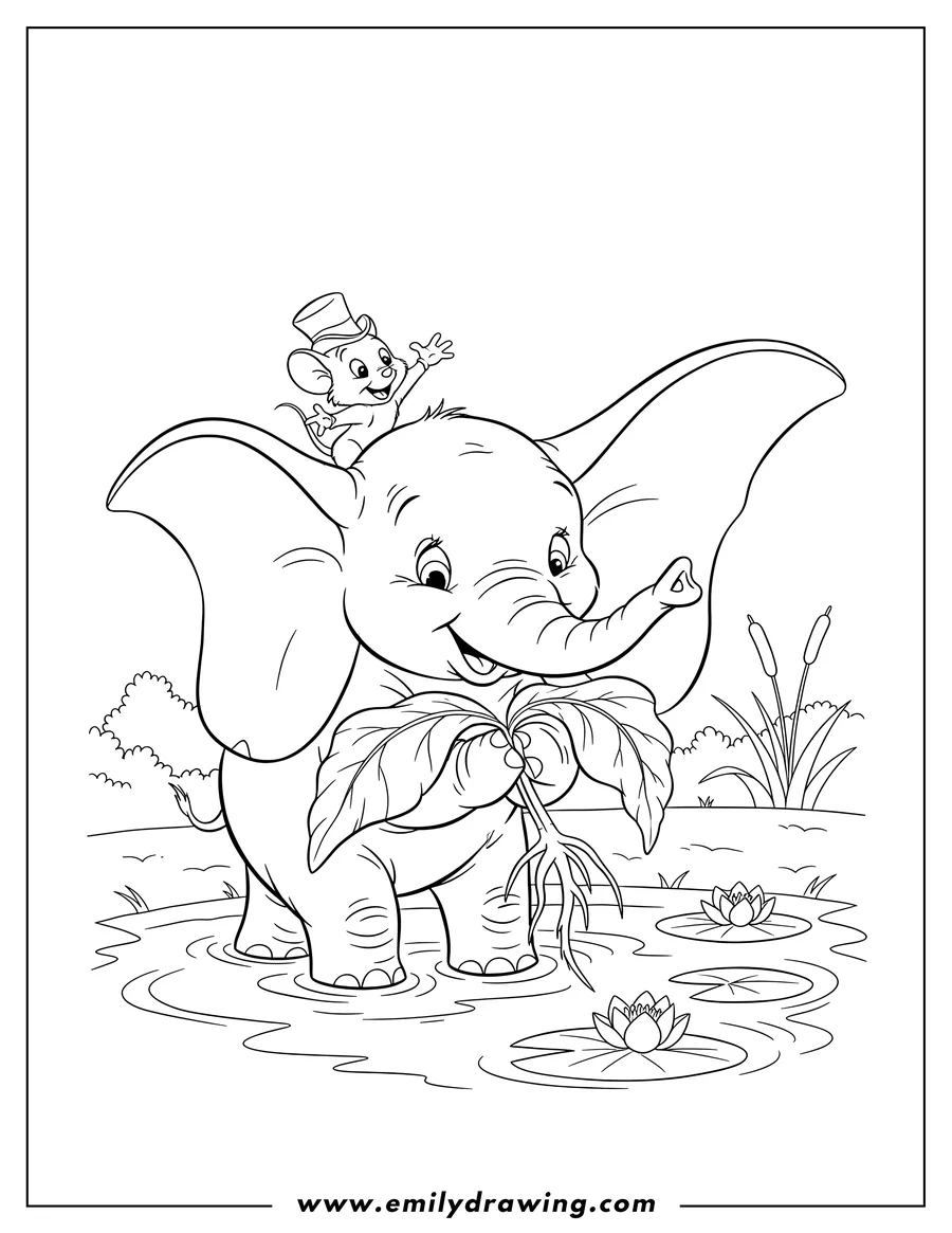 Free printable coloring sheet of dumbo and Timothy Mouse playing in a pond, Dumbo holding a plant, Timothy on his ear