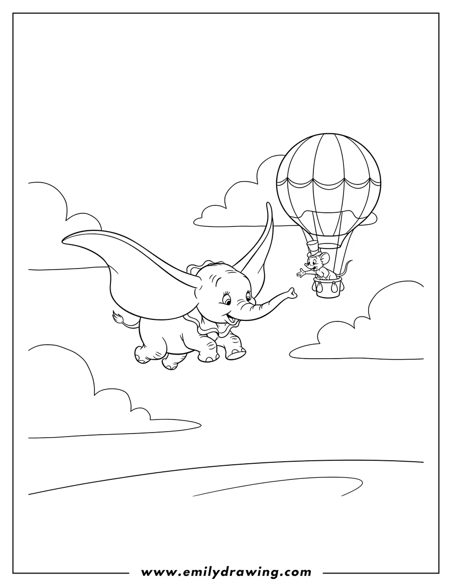 Printable coloring page of dumbo flying, extending his trunk to Timothy Mouse on a balloon
