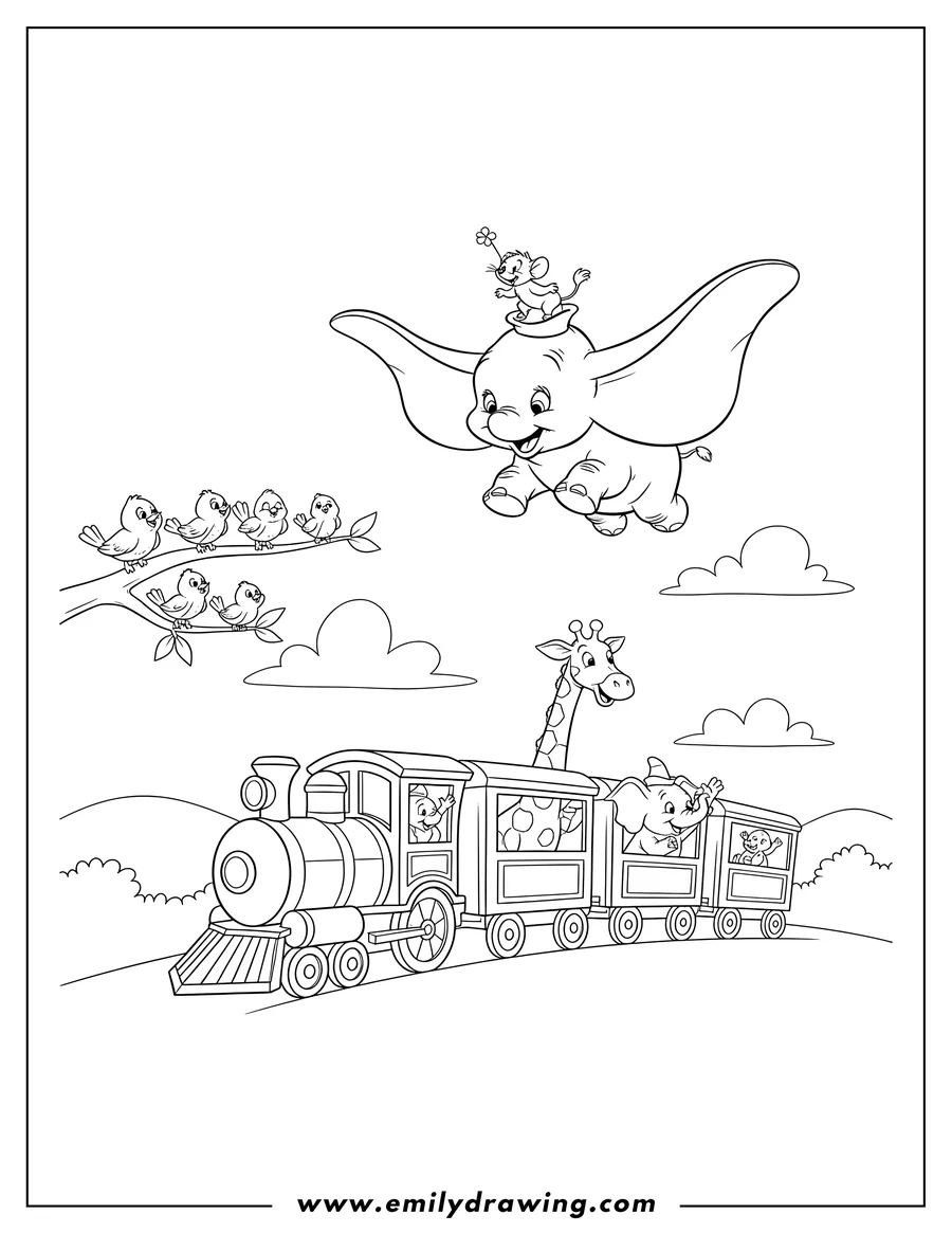 Clean line drawing: dumbo with Timothy Q. Mouse flying over a happy circus train with birds on a branch and a giraffe and elephant riding in the cars
