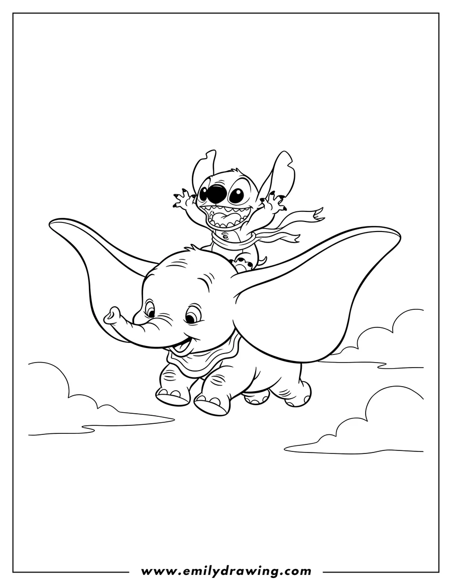 PDF style coloring page: dumbo Flying With Stitch On His Back, Stitch grinning widely with arms raised