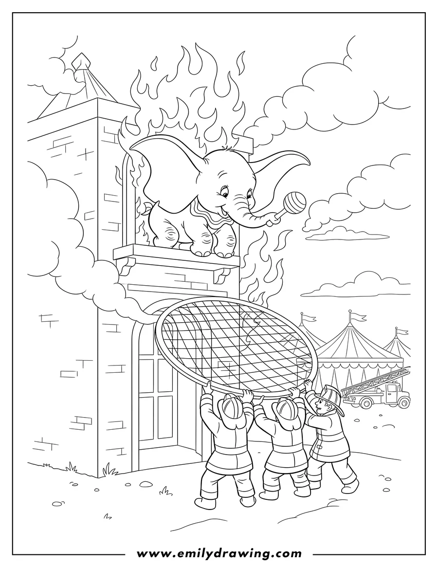 Printable line art of dumbo the elephant holding a rattle on a burning circus building window ledge, with firefighters holding a net below