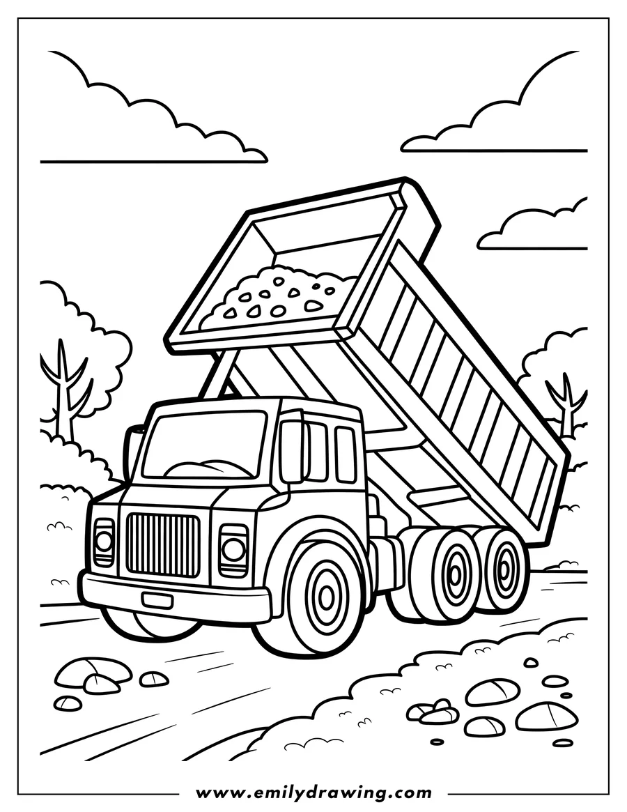 Outline of a dump truck with its bed lifted, spilling rocks onto the ground, with clouds and trees in the background