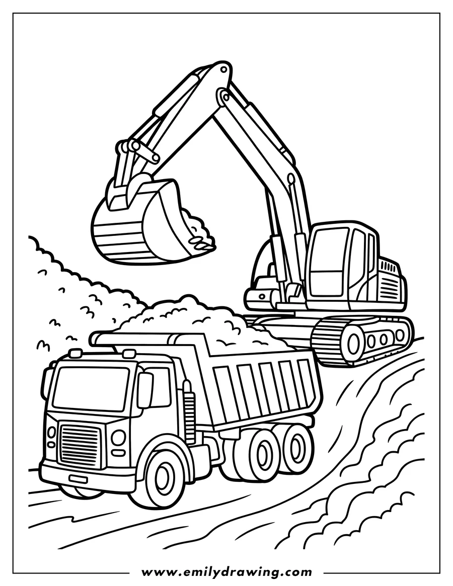 Line art of a dump truck filled with dirt parked next to an excavator with its bucket lowered.