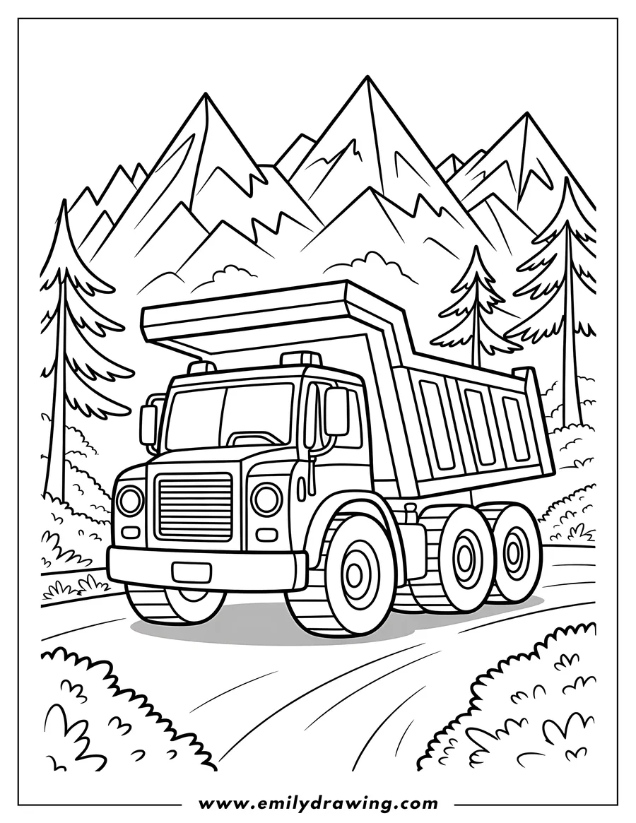 Line art of a large dump truck on a road with tall mountains and pine trees in the background.