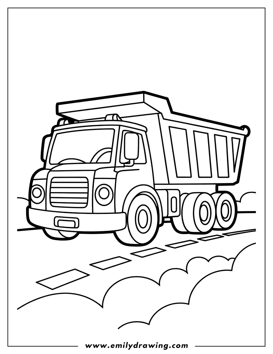 Outline of a dump truck driving on a road with dashed lines.