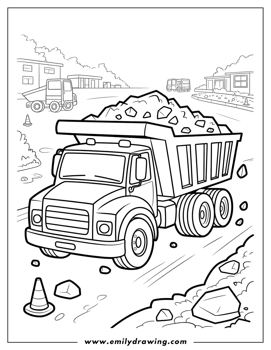 Line art of a large dump truck filled with rocks, driving on a road with construction cones and other buildings in the background.