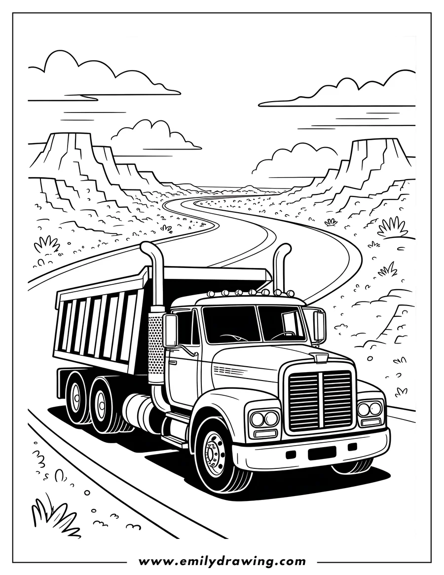 Line art of a large dump truck driving on a winding road through a mountainous desert landscape.