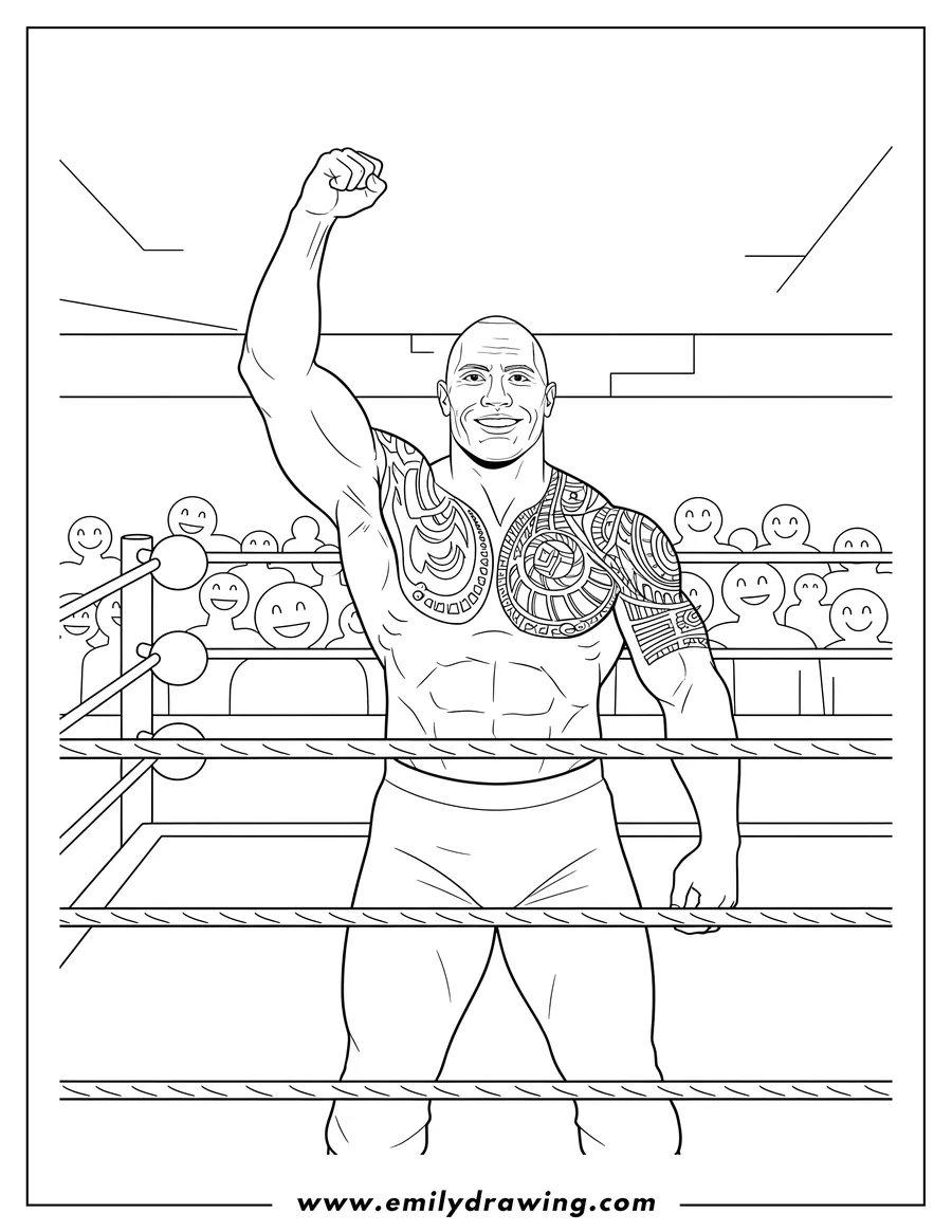 Printable line art of dwayne The Rock Johnson, shirtless, with tattoos, raising one arm in a WWE ring