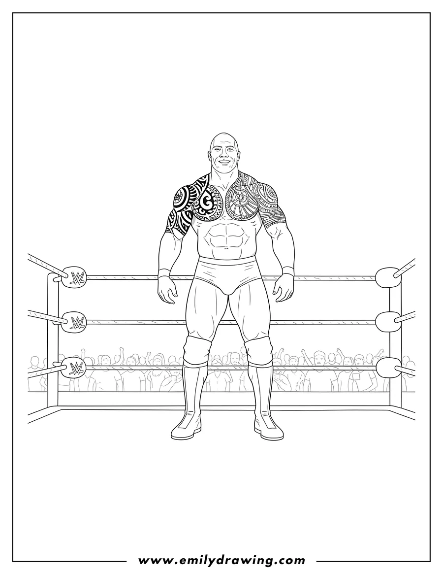 Free printable coloring sheet of dwayne 'The Rock' Johnson standing in a WWE ring, arm on rope, showing his tribal tattoo