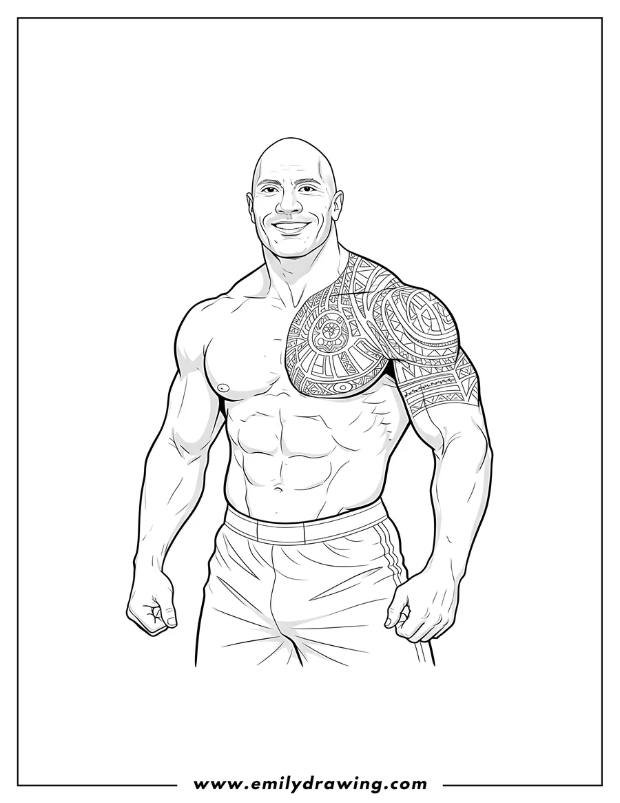Printable coloring page of dwayne Rock Johnson, bare-chested, wearing shorts, with his chest tattoo