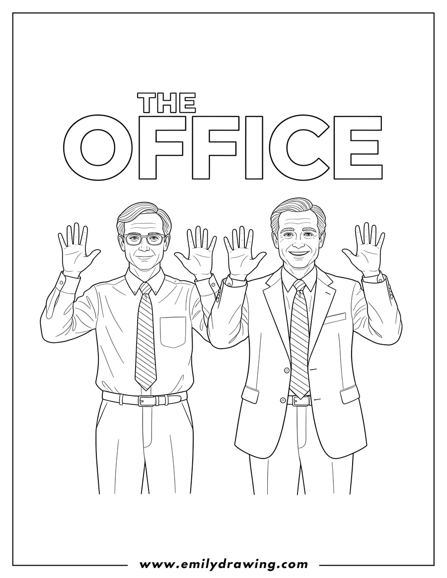 Vector style outline of dwight and Michael with hands up under The Office logo
