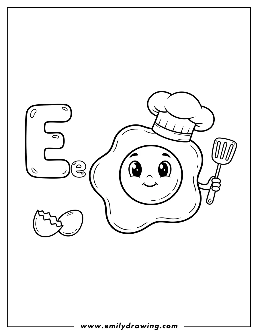 Free to print drawing of E is for egg, with a large fried egg