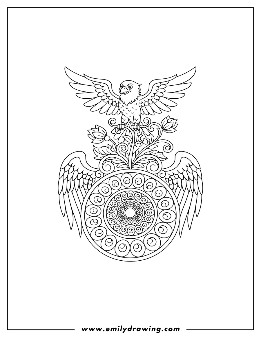 Full page coloring image of eagle perched on a stylized plant, above a spiral mandala with decorative wings