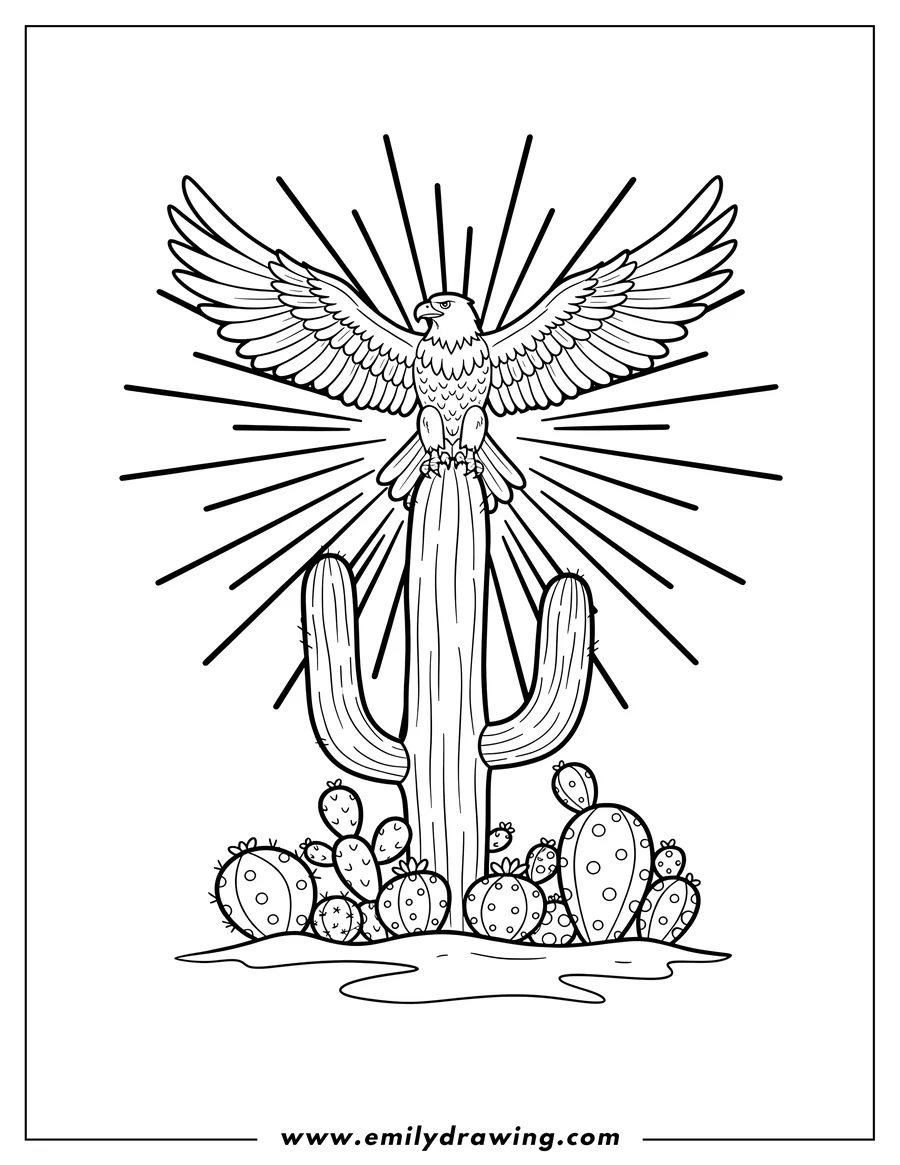 Coloring page of eagle Sitting On Top Tall Cactus with Sunburst and Smaller Cacti Boho