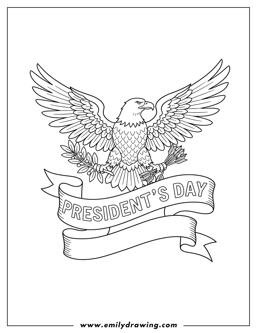 High quality printable president S Day Banner With Eagle with spread wings, holding an olive branch and arrows, and a bottom banner for coloring