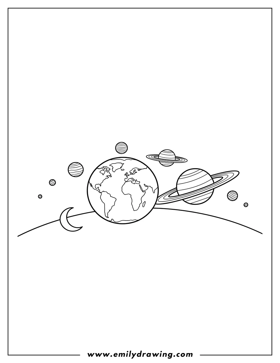 Simple sketch of guess Planets Solar System Scaled, showing Earth, a crescent moon, and Saturn with rings to color